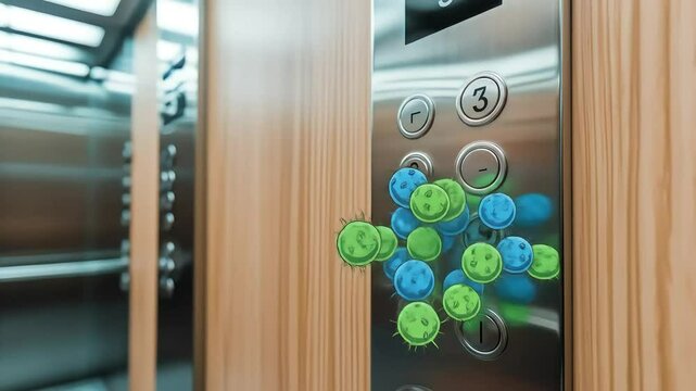 A conceptual animation shows an elevator control panel contaminated with cartoonish green and blue virus particles, illustrating germs on public surfaces