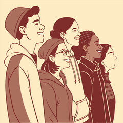 Diverse Group of Young People Looking Forward with Optimism and Hope in Cartoon Style
