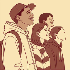 Diverse Group of Young People Looking Upward with Hope and Optimism in Cartoon Style