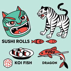 Japanese Culture Inspired Cartoon Illustration with Tiger Mask Sushi Fish and Dice Elements