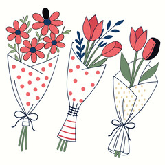 Three Flower Bouquets with Decorative Wrappers Hand Drawn Illustration on White Background