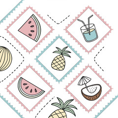 Cute Summer Fruit and Drink Pattern with Pastel Colors and Decorative Borders