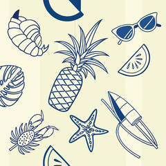 Obraz premium Summer Vacation Themed Pattern with Pineapple Sunglasses Starfish and Other Tropical Elements