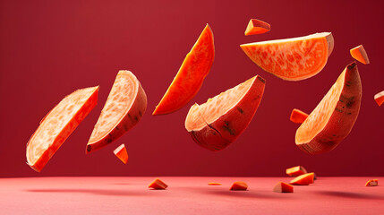 Slices of vibrant orange sweet potato are suspended in mid-air against a bold red background, showcasing their unique texture and color in a dynamic food composition