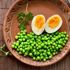 Bright green peas and two halved boiled eggs are artfully arranged on a traditional clay plate,...