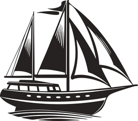 Graceful Sailboat Silhouette: Elegant Outline of a Yacht with Full Sails, Capturing Leisure and Freedom on Open Water, Isolated on White