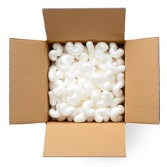 Cardboard Box Filled with White Packing Peanuts Top View Tan Cardboard Box Packaging Material Filler Foam Pieces Shipping Supplies