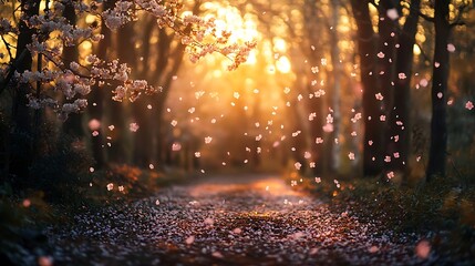Sunset glow in the autumn city park with festive lights