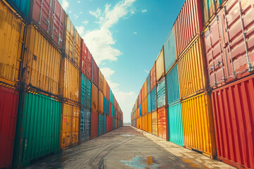 Impressive view of colorful shipping containers stacked high at a bustling port under a bright blue sky with clouds, symbolizing global logistics yard and efficient trade.