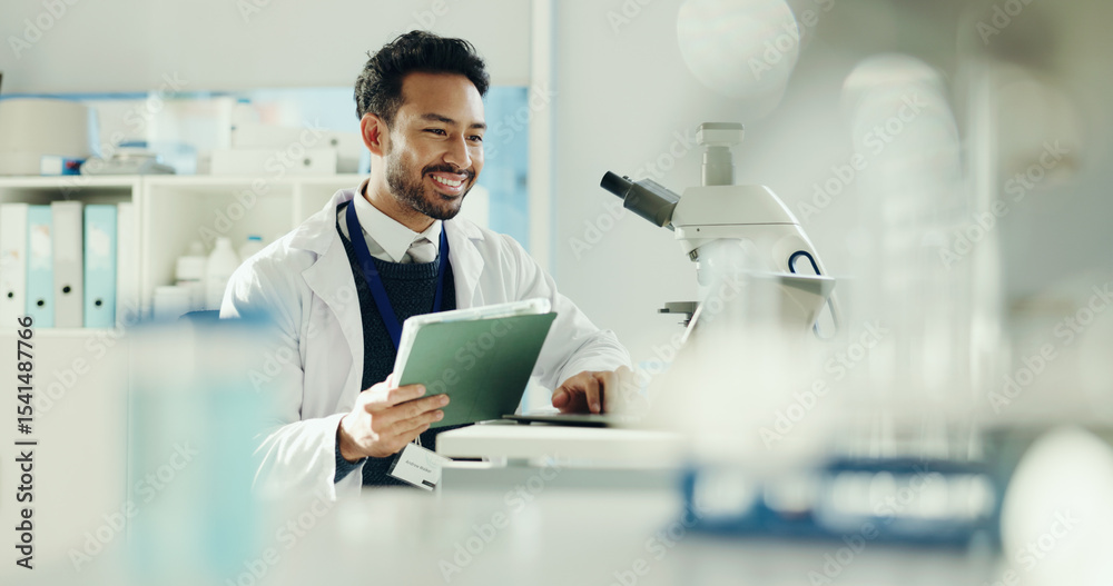 Poster science, research and man with smile, tablet and online feedback with app for vaccine development. h