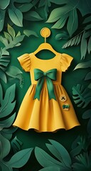 Fototapeta premium Yellow children's dress, hanging, lush foliage