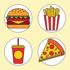 Cartoon Fast Food Icons with Burger French Fries Soda and Pizza Slice on a Light Yellow Background Perfect for Menu or Restaurant Designs