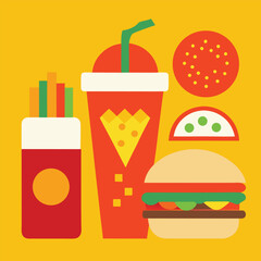 Flat Design Fast Food Meal with Burger Fries Soda Pizza and Salad on a Vibrant Yellow Background for a Fun and Modern Aesthetic