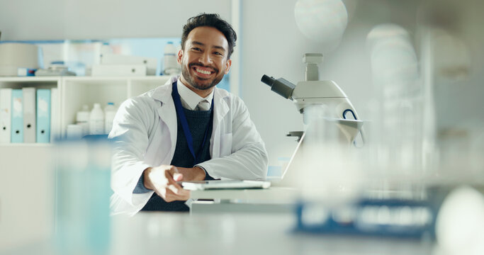 Man, scientist and happy with tablet, portrait and pride for career with medical research project. Person, smile and tech with pharmaceutical study for vaccine development with app at lab in Mexico - Powered by Adobe