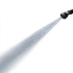 Dynamic Diagonal Water Jet Spray with Radiating Droplets and Mist on White Background
