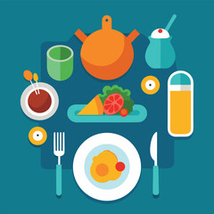 Flat Design Illustration of a Meal Setting with Breakfast Salad and Drinks on a Blue Background Suitable for Food Blogs and Restaurant Menus Design