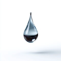 Elegantly Suspended Water Droplet with Surface Tension and Light Reflection on White Background, Photorealistic Macro Shot