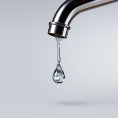 slow dripping water stream from invisible edge forming smooth bead at tip ready to fall soft light glint and gravity stretch effect clean white background, Photorealistic