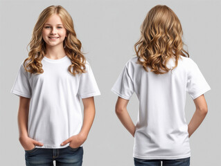 happy beautiful girl wearing white t shirt standing on white background