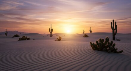 Stunning Sunset over White Sand Dunes and Cacti in the Desert