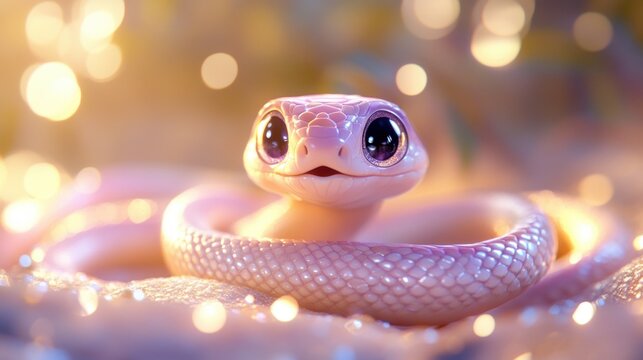 A pastel-colored snake with large, expressive eyes coiled amidst a soft, glowing background.