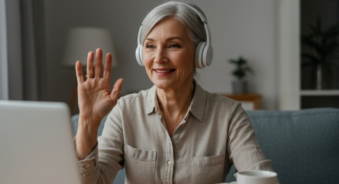 woman communicates with family via video link