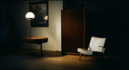 Modern interior scene featuring a stylish white armchair beside a round wooden table and a standing lamp, illuminated softly, creating a cozy atmosphere in a minimalist design space