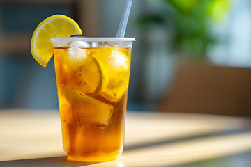 Iced lemon tea on plastic takeaway glass