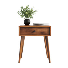 Small wooden table with a black vase and a plant on top of it