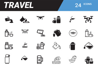 Essential Travel Icons: A collection of illustrated icons, presenting common travel necessities and tools, perfect for travel-related content.