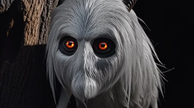 Fantasy creature with long white hair, dark facial features and eerie glowing orange eyes staring from the shadows of a tree