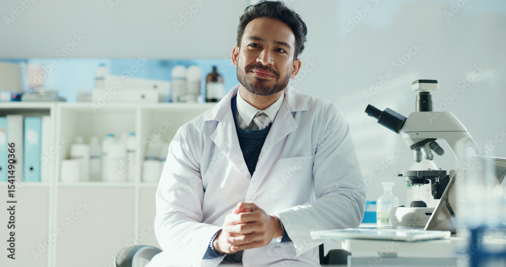 Aufkleber man, scientist and happy with thinking, reflection or decision in career with medical research proje