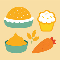 Cute Hand Drawn Autumn Harvest Illustration with Pumpkin Pie Cupcake Carrot and Wheat Stalks on a Beige Background Ideal for Fall Themed Designs