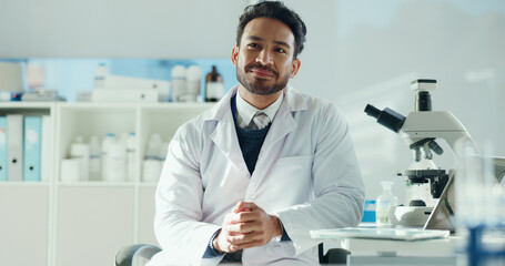 Man, scientist and happy with thinking, reflection or decision in career with medical research project. Person, smile and perspective with pharma study, vaccine development and insight at laboratory