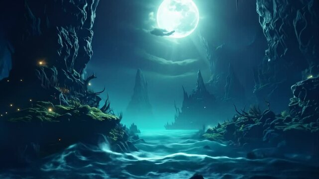 Mystical Dark Cave Landscape At Night Under Moonlight