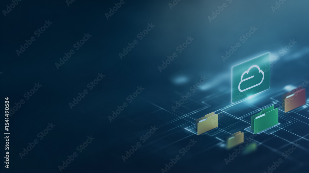 Poster cloud computing data storage: a futuristic digital illustration depicting cloud computing data stora