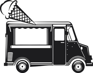 Whimsical Ice Cream Truck Silhouette: Playful Outline of a Classic Summer Vehicle, Evoking Childhood Joy and Nostalgic Moments on White Canvas