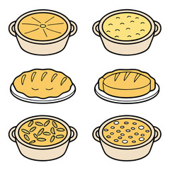 Collection of Cartoon Food Dishes with Various Fillings Including Pie Casserole and Soup Presented on a White Background for Culinary Illustrations and Design Projects