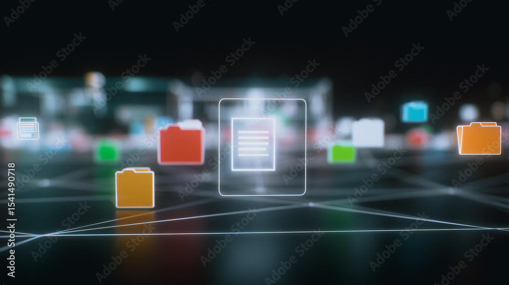 Poster digital data flow: illustrative visualization of digital information exchange, with file folders and