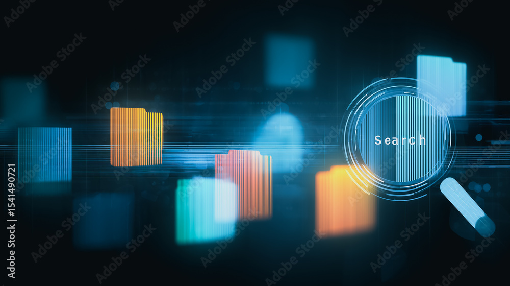 Poster digital data exploration: abstract composition with a magnifying glass highlighting data organizatio