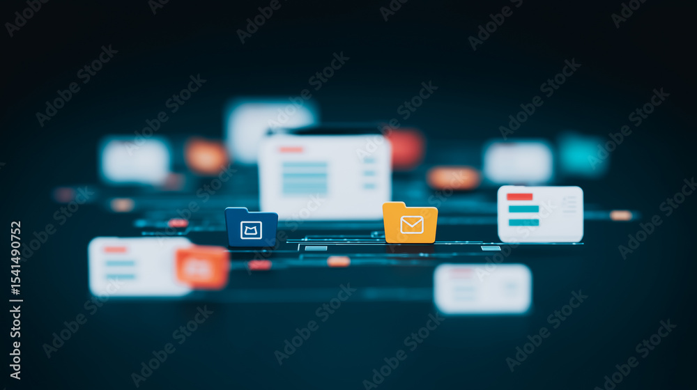 Poster digital network: a futuristic data network of interconnected file folders and digital interfaces, re