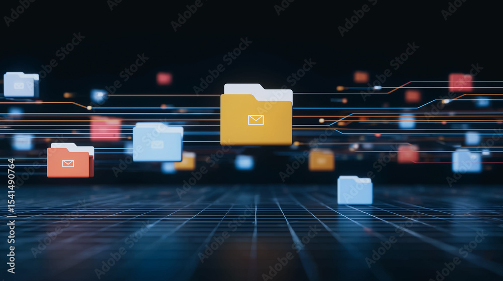 Poster data flow: illustrative rendering of digital data and files, visualizing cloud storage, network, and