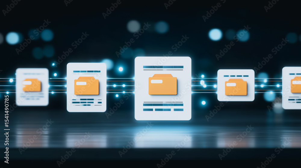 Poster digital document flow: floating digital documents and file folders, illuminated against a backdrop o