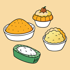 Stylized Cartoon Illustration of Various Food Dishes in Bowls Featuring a Pumpkin Dessert Orange Grains Mashed Potatoes and a Green Dish with White Topping