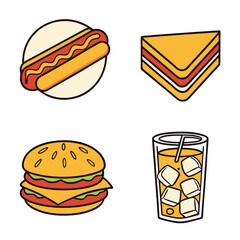 Retro Style Fast Food Icons Featuring a Hotdog Sandwich Hamburger and a Drink with Ice Cubes on a White Background for a Fun Design
