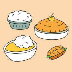 Cute Cartoon Thanksgiving Dinner Illustration with Mashed Potatoes Gravy Cranberry Sauce and Corn on the Cob on a Soft Beige Background