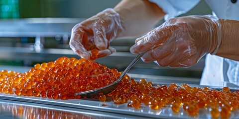 Gloved hands inspecting red caviar in food processing plant ensuring quality control