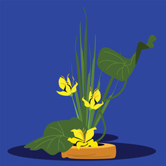 Minimalist Ikebana Flower Arrangement Vector – Yellow Orchid on Blue Background
