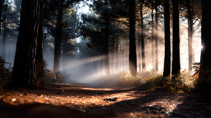 Fototapeta premium A vintage-style photograph of a misty pine forest at dawn, with the fog gently lifting and soft light shining through the trees, creating a tranquil and glowing atmosphere.