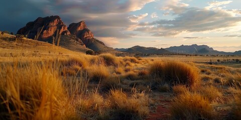 Flinders ranges landscape with orange dry grass at sunset, south australia